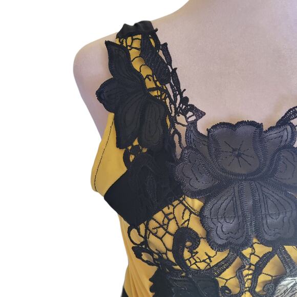 Heramay Korean Yellow Black Lace Applique Bodycon Mini Dress Small Clubwear Sexy - Picture 8 of 10